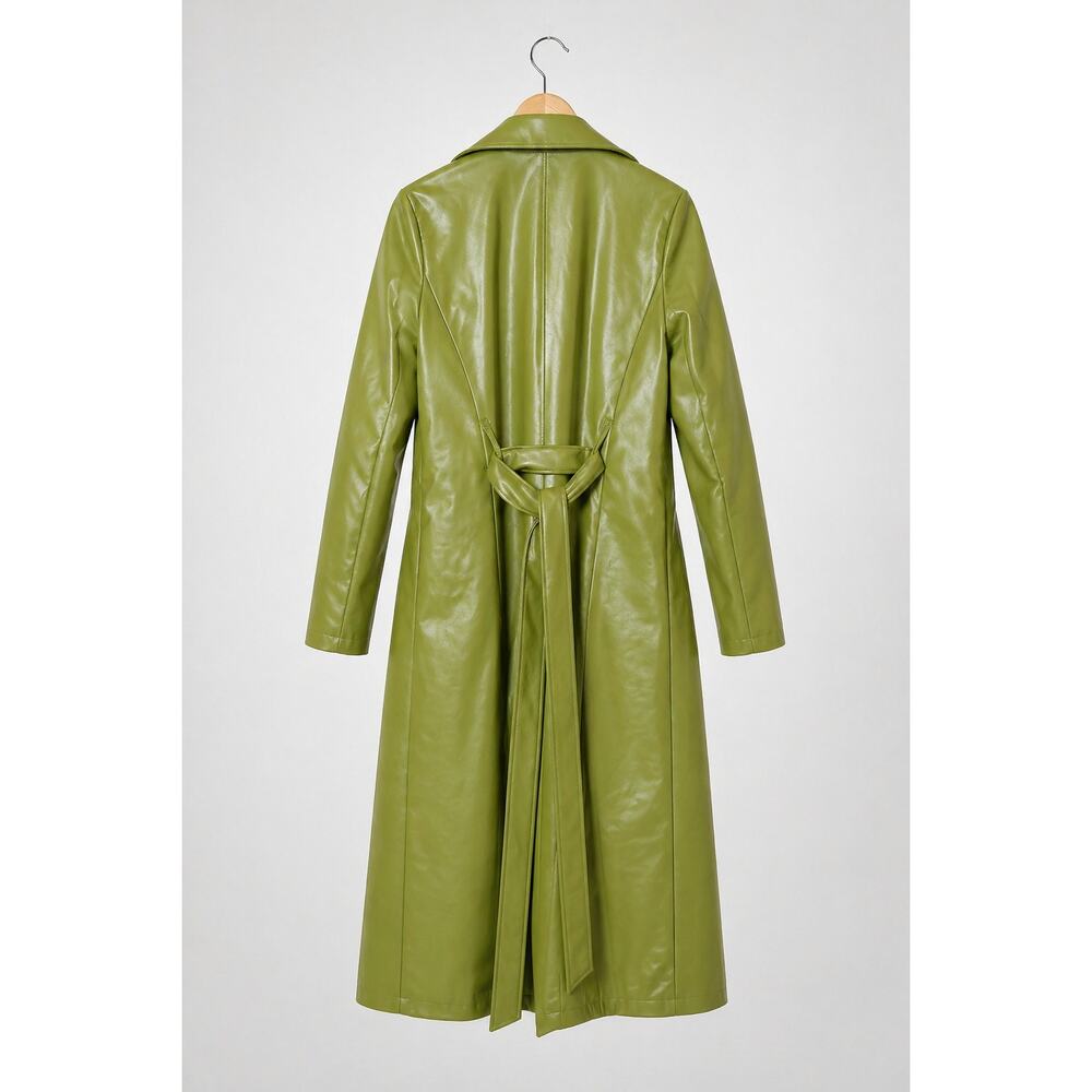 Chouyatou Green Casual Lapel Open Faux Leather Long Trench Coat w/ Belt Small - Picture 3 of 5